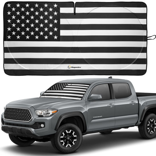 Picture of American Flag Windshield Sun Shade, High-Resolution Car Sun Shield with Mirror Cut-Out for Automotive Interior Sun and Heat Protection, Folding Car Sunshade with Storage Bag - Small, Black & White