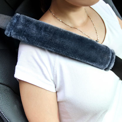 Picture of Amooca Soft Faux Sheepskin Seat Belt Shoulder Pad for a More Comfortable Driving, Compatible with Adults Youth Kids - Car, Truck, SUV, Airplane,Carmera Backpack Straps 2 Packs Dark Blue Grey