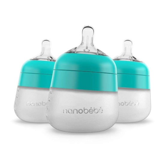 Picture of Nanobébé Flexy Silicone Baby Bottle, Anti-Colic, Natural Feel, Non-Collapsing Nipple, Non-Tip Stable Base, Easy to Clean 3-Pack, Teal, 5 oz