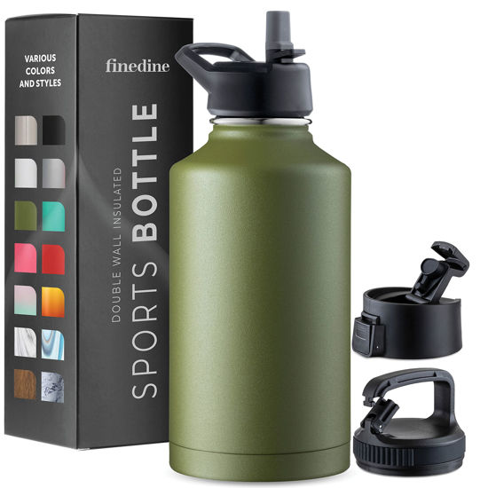 Picture of FineDine Insulated Water Bottles with Straw - 64 Oz Stainless Steel Metal Water Bottle W/ 3 Lids - Reusable for Travel, Camping, Bike, Sports - Army Green