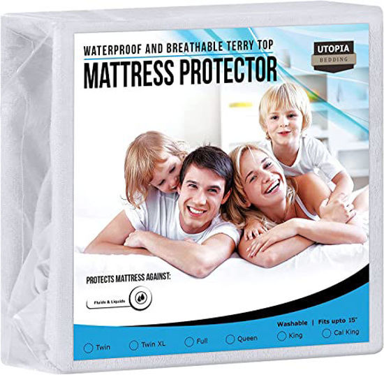 Picture of Utopia Bedding Premium Waterproof Terry Mattress Protector Full 200 GSM, Mattress Cover, Breathable, Fitted Style with Stretchable Pockets (White)