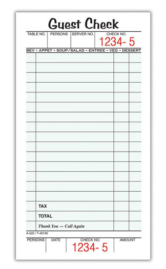 Picture of Adams Guest Check Pads, Single Part, Perforated, White, 3-2/5" x 6-3/4 ", 50 Sheets/Pad, 5 Pads/Pack (525SWMT)