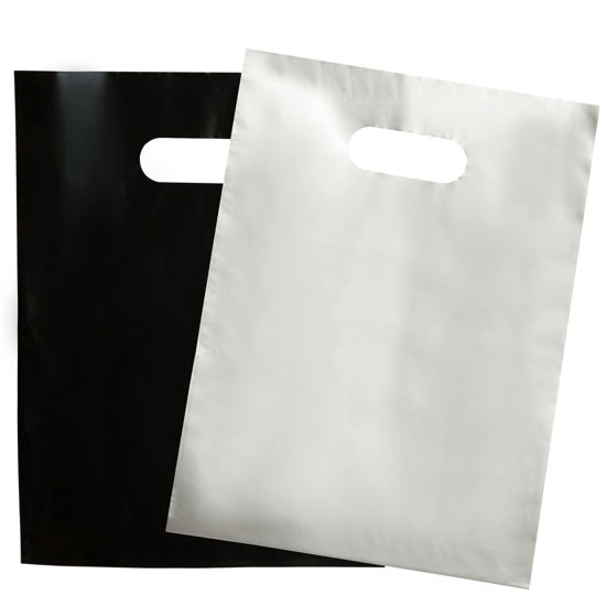 Picture of 200 Black & Silver Bags for Small Business 100 Black and 100 Silver 1.5Mil 9"x12" Merchandise Bags Thick Glossy Retail Bags and Shopping Bags For Small Business with Die Cut Handles Boutique Bags