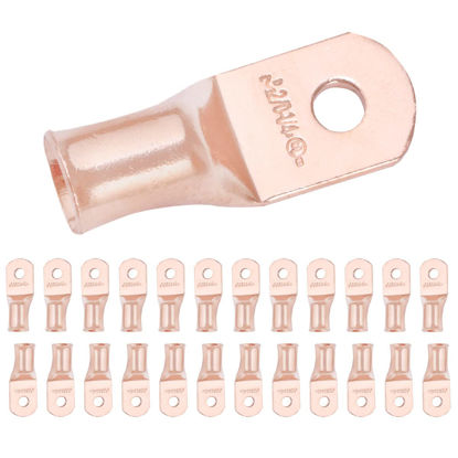 Picture of SELTERM 25pcs 2/0 AWG 1/4" Stud Battery Lugs, Ring Terminals, Heavy Duty Copper Wire Lugs, Battery Cable Ends, 00 Gaug Ring Terminal Connectors, UL Bare Copper Eyelets Electrical Battery Cable Lugs