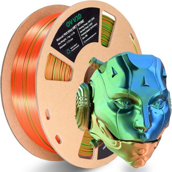 Picture of OVV3D 3D Printer Filament, Tri-Colors PLA Filament 1.75mm, Coextrusion Silk PLA Filament, Rainbow PLA Filament with Silk PLA Blue-Green-Orange, 3D Printing Filament +/-0.02mm, 1kg/2.2lbs