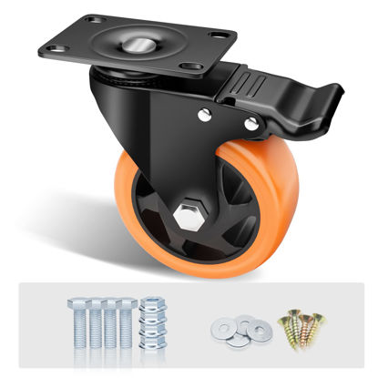 Picture of ASHGOOB 4" Caster Wheels Set of 4, Heavy Duty Casters with Brake, No Noise Locking Casters with Orange Polyurethane (PU) Wheels, Swivel Plate Castors Pack of 4