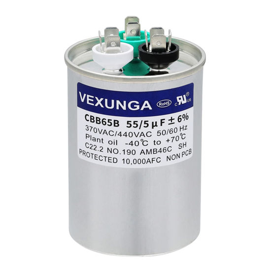 Picture of VEXUNGA 55/5 uF 55+5 MFD 370VAC or 440VAC Dual Run Start Round A/C Capacitor CBB65 CBB65B Air Conditioner Capacitors for AC Unit Fan Motor Start or Heat Pump or Condenser Straight Cool