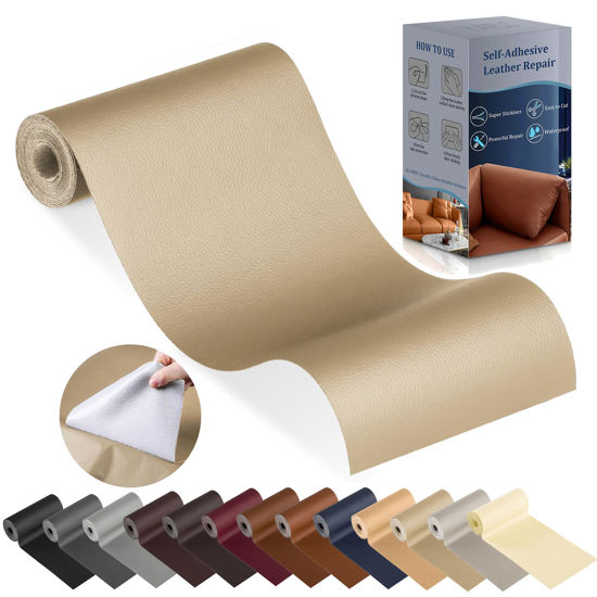 Picture of YAFLC 4" x 63" self Adhesive Leather Repair Patch/Tape for Furniture couches car seat Sofa Jackets Handbags Medium Beige