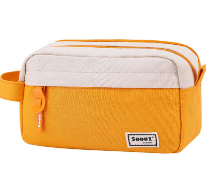 Picture of Sooez Big Capacity Pencil Pen Case, [Material Upgraded] Canvas Pencil Pouch Large Pencil Bag Organizer, Separate Compartments Easy Grip Handle, Aesthetic Supply for School Teens Adults, Yellow Orange…