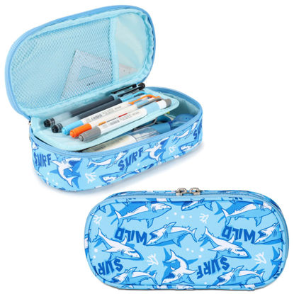 Picture of Bagseri Pencil Case for Boys - Large Capacity Cute Pencil Case for Kids, Pencil Pouch Organizer for Student School Office Supplies, Pencil Case Only (Blue,Shark)