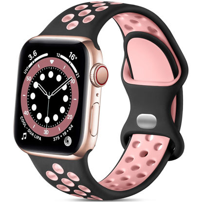 Picture of Lerobo Compatible with Apple Watch Bands 41mm 40mm 38mm for Women Men,Soft Silicone Sport Bands Replacement Wristbands Compatible for iWatch SE & Series 8 7 6 5 4 3 2 1,Sport Edition, Black/Pink,S/M