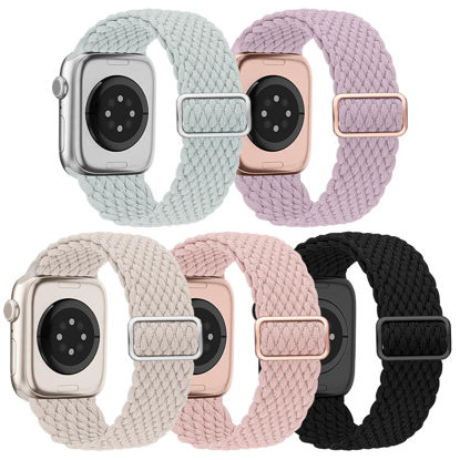 Picture of EOMTAM 5 Pack Braided Stretchy Adjustable Straps Compatible for Apple Watch Band 38mm 40mm 41mm 42mm 44mm 45mm 49mm for Women Men ,Sport Elastic Nylon Cloth Wristbands for iWatch Series Ultra 8 SE 7 6 5 4 3(Succulent,38)