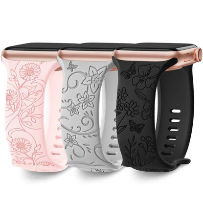 Picture of 3 Pack Floral Engraved Bands Compatible with Apple Watch Band 40mm 41mm 38mm 42mm 44mm 45mm 49mm Women,Soft Silicone Cute Wildflowers Sport Laser Strap for iWatch Bands Series Ultra SE 8 6 5 4 3 2 1