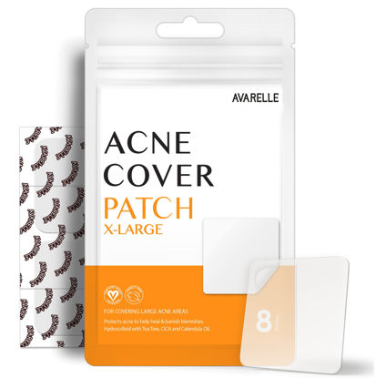 Picture of AVARELLE Acne Patches Xl for Face and Body (8 Count) Certified Vegan, Cruelty Free, Carbon Free Hydrocolloid Absorbs Pus From Pimples, Blemishes, and Zits with Tea Tree, Calendula, and Cica (8 Count)