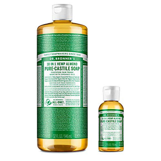 Picture of Dr. Bronner's Pure-Castile Liquid Soap - Almond Bundle. 32 oz. Bottle and 2 oz. Travel Bottle