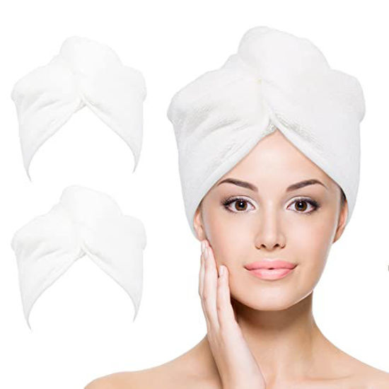 Picture of YoulerTex Microfiber Hair Towel Wrap for Women, 2 Pack 10 inch X 26 inch, Super Absorbent Quick Dry Hair Turban for Drying Curly, Long & Thick Hair (White)