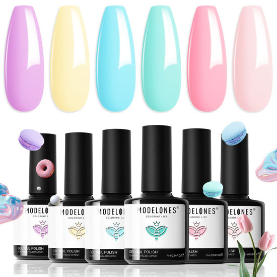 Picture of modelones Gel Nail Polish Set,6 Colors Summer Gel Polish Kit Bright Pastel Macaron Candy Nail Polish Gel Pink Mint Green Blue Purple Gel Nail Soak Off LED Nail Art Manicure 2023 Holiday Gift DIY Salon