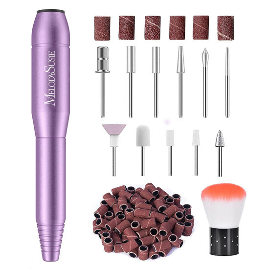 Picture of MelodySusie Electric Nail Drill Machine 11 in 1 Kit, Portable Electric Nail File Efile Set for Acrylic Gel Nails, Manicure Pedicure Tool with Nail Drill Bits Sanding Bands Dust Brush, Purple