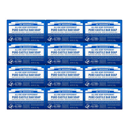 Picture of Dr. Bronner's - Pure-Castile Bar Soap (Peppermint, 5 Ounce, 12-Pack) - Made with Organic Oils, For Face, Body & Hair, Gentle & Moisturizing, Biodegradable, Vegan, Cruelty-free, Non-GMO