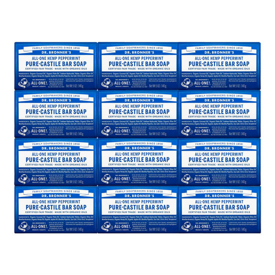 Picture of Dr. Bronner's - Pure-Castile Bar Soap (Peppermint, 5 Ounce, 12-Pack) - Made with Organic Oils, For Face, Body & Hair, Gentle & Moisturizing, Biodegradable, Vegan, Cruelty-free, Non-GMO