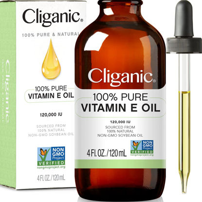 Picture of Cliganic 100% Pure Vitamin E Oil for Skin, Hair & Face - 120,000 IU, Non-GMO Verified | Natural D-Alpha Tocopherol