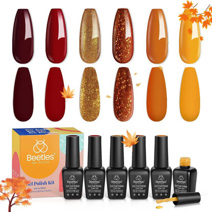 Picture of Beetles Gel Nail Polish Set, Red Orange Glitter Nail Gel Polish Gel Nail Kit Soak off Led Lamp Nail Gel Polish Kit Nail Art Manicure Kits Holiday Gifts for Women