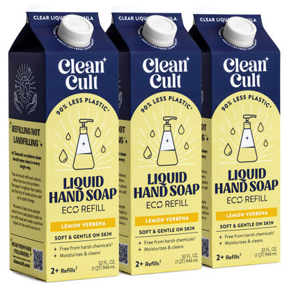 Picture of Cleancult Liquid Hand Soap Refills (32oz, 3 Pack) - Hand Soap that Nourishes & Moisturizes - Liquid Soap Free of Harsh Chemicals - Paper Based Eco Refill, Uses 90% Less Plastic - Lemon Verbena