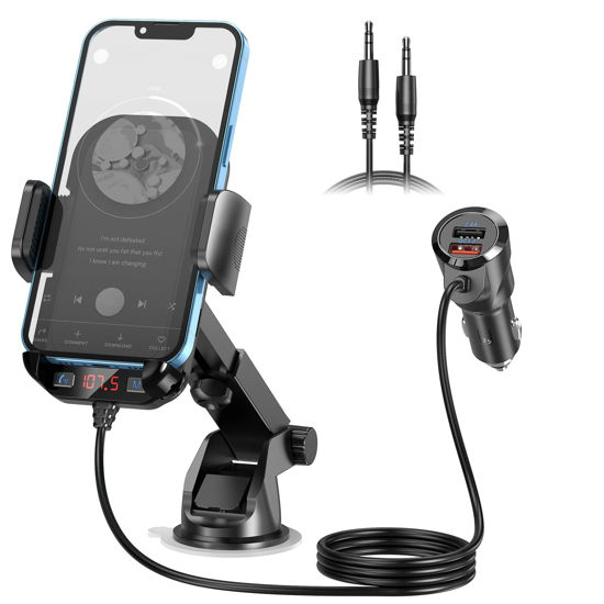 Picture of Magift Bluetooth FM Transmitter for Car - 3 in 1 Bluetooth Car Adapter with Phone Holder Supports QC3.0 Charging,Stronger Microphone & Enhanced FM Transmission are Built in Car Bluetooth Adapter