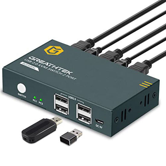 Picture of KVM Switches 2 Port 4K@60Hz, GREATHTEK KVM Switch HDMI Share USB 2.0 Devices with 4 USB Hubs, 2 Computers 1 Monitor Share Keyboard Mouse Printer, Button Switch, Plug and Play