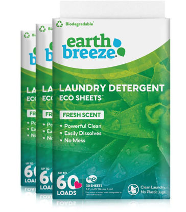 Picture of Earth Breeze - Liquid-less Laundry Detergent Sheets - Fresh Scent - No Plastic Jug (180 Loads) 90 Sheets (Pack of 3)