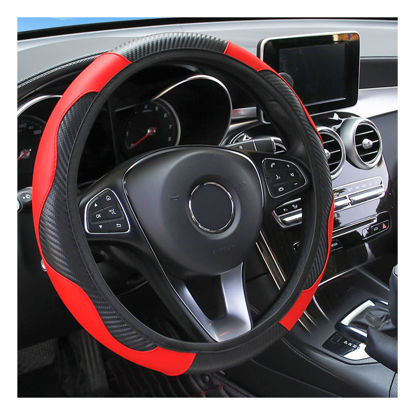 Picture of Car Steering Wheel Cover, Universal Microfiber PU Leather Elastic 15 inch Stitching Color Anti-Slip Steering Wheel Protector, Car Interior Protection Accessories for Men Women (Black/Red)