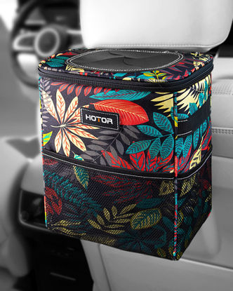 Picture of HOTOR Car Trash Can, Multifunctional & Fashionable Car Accessory for Interior Use, Waterproof & Leakproof Car Organizer and Storage Bag with Adjustable Straps, Magnetic Buckles (Colorful Leaves)