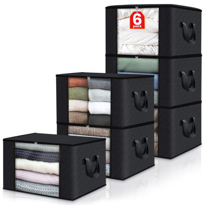 Picture of Fab totes 6 Pack Clothes Storage, Foldable Blanket Storage Bags, Storage Containers for Organizing Bedroom, Closet, Clothing, Comforter, Organization and Storage with Lids and Handle, Black