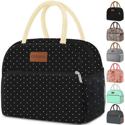 Picture of Coobiiya Lunch Bag Women,Insulated Lunch Box Tote Bag for Women Adult Men,Reusable Small Leakproof Cooler Cute Lunch Container for Work Office Picnic Beach or Travel (Black Polka Dot)