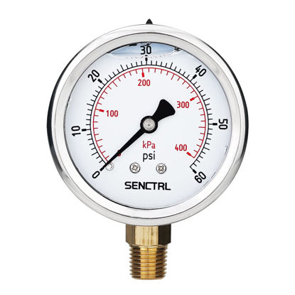 Picture of SENCTRL 60 Psi Glycerin Liquid Filled Low Pressure Gauge, 2.5" Dial Size, 1/4" NPT Lower Mount, Stainless Steel Case, Pool Sand Filter Water Pump Tire Water Oil Air Pressure Test