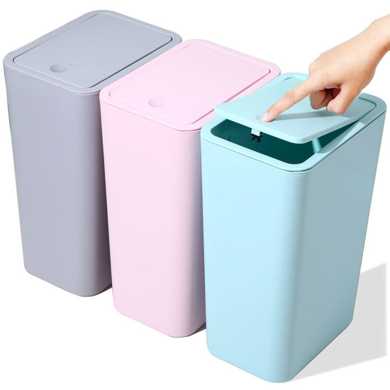 Picture of SHPMXUPW 3 Pack Bathroom Small Trash Can with Lid,10L / 2.6 Gallon Slim Garbage Bin Wastebasket with Pop-Up Lid for Bedroom, Office, Kitchen, Craft Room, Fits Under Desk/Cabinet/Sink