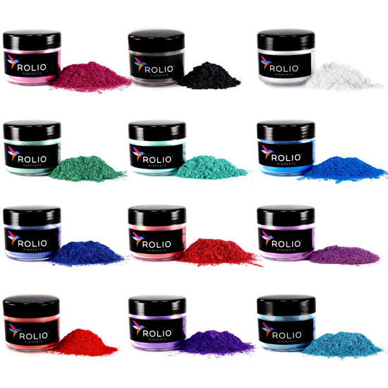 Picture of Rolio Mica Powder Pearlescent Color Pigment - Art Set for Resin Epoxy - for Soap Making, Nail Polish Set, Lip Gloss Set, Eye Shadow, Bath Bomb, Slime & Candle Jars - 10g, 12 Jars - Northern Lights