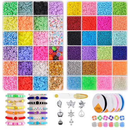 Picture of LZOUOWO 16300 Flat Clay Beads for Bracelets Making Aesthetic Kit Include 10000pcs 3mm Seed Beads DIY Set Preppy Polymer Heishi Beads for Jewelry Making with Smiley Face Letter Beads etc