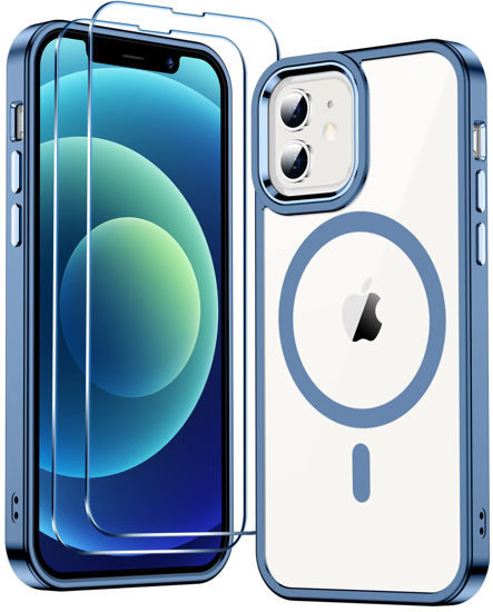 Picture of Temdan Magnetic Case for iPhone 12 Case & iPhone 12 Pro Case Clear,[Compatible with Magsafe 12 FT Shockproof ][2 Pcs Glass Screen Protector] [Not Yellowing] Slim Thin Phone Case Cover -Blue