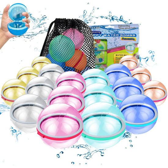 Picture of TIZIKCON Reusable Water Balloons with Mesh Bag, 16 Pack Latex-Free Silicone Quick Self-Sealing Water Splash Bomb for Kids Adults Water Game,Bath Toy, Pool Toy, Summer Party Supplies