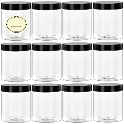 Picture of TUZAZO 8 Oz Plastic Container Jars with Lids and Labels BPA Free, Empty Round Clear Cosmetic Containers Plastic Slime Jars for Lotion, Cream, Ointments, Body Butter, Makeup, Travel Storage (12 Pack)