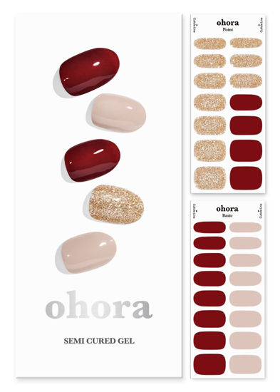 Picture of ohora Semi Cured Gel Nail Strips (N Rosewood) - Works with Any Nail Lamps, Salon-Quality, Long Lasting, Easy to Apply & Remove - Includes 2 Prep Pads, Nail File & Wooden Stick - Red