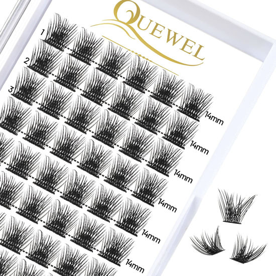 Picture of QUEWEL Cluster Lashes 72 Pcs Wide Stem Individual Lashes C/D Curl 8-16mm Length DIY Eyelash Extension False Eyelashes Soft for Personal Makeup Use at Home (Fluffy-C-14)