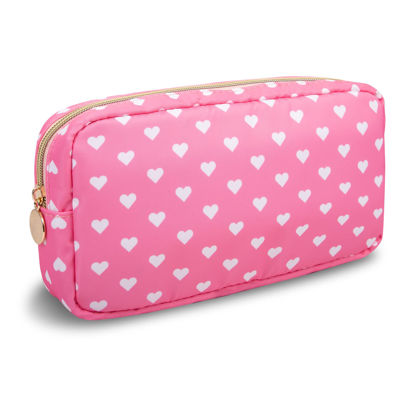 Picture of Waterproof Small Makeup Bag Pouch for Purse,Nylon Travel Toiletry Storage Bag Cute Preppy Cosmetic Bag for Women Girls,Preppy Makeup Organizer Bag Pouch Skincare Bag with Zipper(Small-Pink Heart)