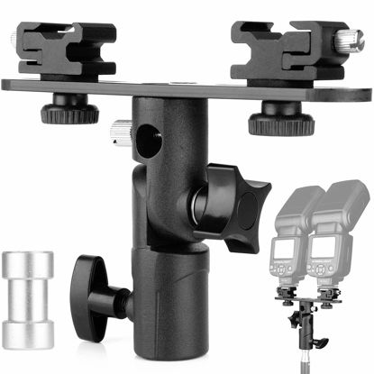 Picture of ChromLives Dual Flash Bracket Hot Shoe Speedlight Stand Umbrella Holder Light Stand Bracket Mount 1/4'' to 3/8'' Compatible with Studio Video DSLR Camera Canon Nikon Yongnuo