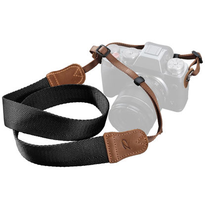 Picture of Black Camera Strap,Double Layer top-grain Cowhide Ends,1.5"Wide Pure Cotton Woven Camera Strap,Adjustable Universal Neck & Shoulder Strap for All DSLR Cameras,Great Gift for Photographers