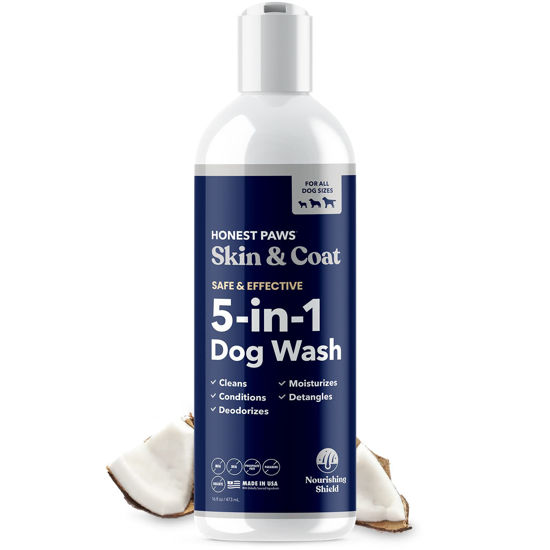 Picture of Honest Paws Dog Shampoo and Conditioner - 5-in-1 for Allergies and Dry, Itchy, Moisturizing for Sensitive Skin - Sulfate Free, Plant Based, All Natural, with Aloe and Oatmeal -16 Fl Oz