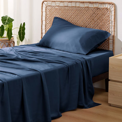 Picture of Bedsure Cooling Sheets Set, Rayon Made from Bamboo, Twin Sheets for Hot Sleeper, Deep Pocket Up to 16", Hotel Luxury Silky Soft Breathable Bedding Sheets & Pillowcases, Navy