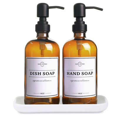 Set of 2 AMBER Glass Bottles Dish Soap Hand Soap, SIGNATURE Style  Waterproof Label, PREMIUM Pumps, Refillable Soap Dispensers 