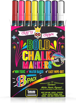 Picture of Bold Chalk Markers - Dry Erase Marker Pens - Liquid Chalk Markers for Chalkboards, Signs, Windows, Blackboard, Glass - Reversible Tip (8 Pack) - 24 Chalkboard Labels Included (Multicolored, 1mm)